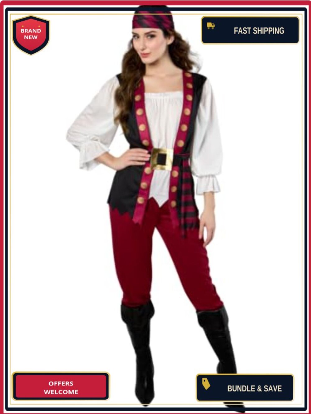 Lusty Pirate Costume Set Shirt Vest Pants Belt Head Scarf